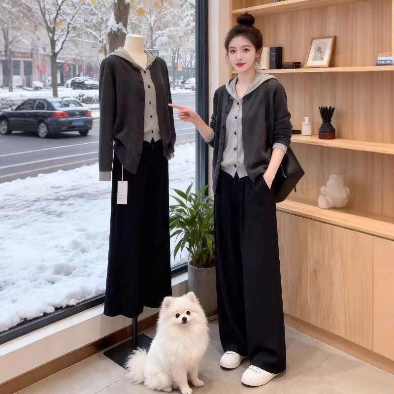 Laid-back Style Hooded Mock Two-Piece Knit Cardigan for Women, Oversized Loose Sweater Top