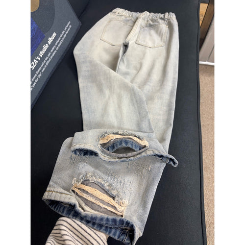Vintage Street Style Distressed Rip-Off Denim Pants