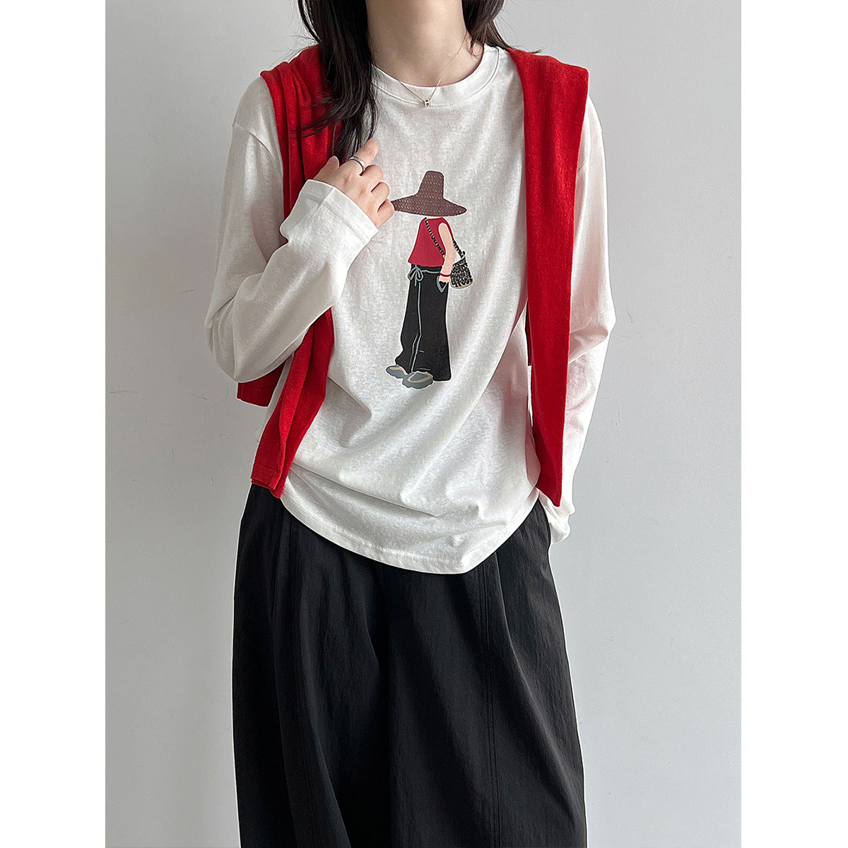 Printed Simple Versatile Round Neck Long Sleeve T-Shirt for Women Casual Basic Top