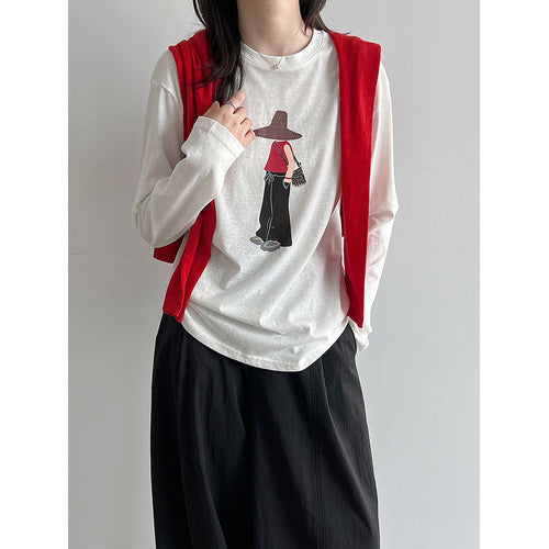 Printed Simple Versatile Round Neck Long Sleeve T-Shirt for Women Casual Basic Top