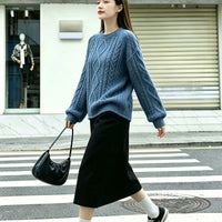 Round neck Fried Dough Twists stripe versatile solid simple knitwear