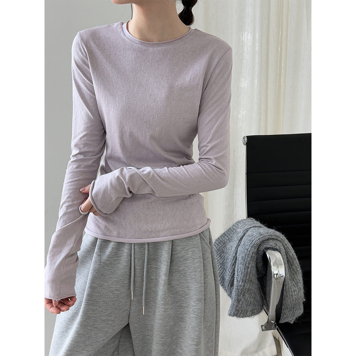 Versatile rolled-edge crew neck T-shirt, women's autumn new long sleeve inner wear slim fit top