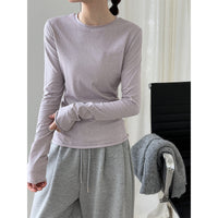 Versatile rolled-edge crew neck T-shirt, women's autumn new long sleeve inner wear slim fit top