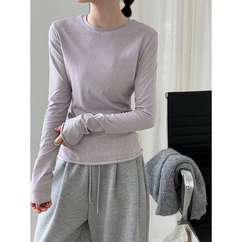 Versatile rolled-edge crew neck T-shirt, women's autumn new long sleeve inner wear slim fit top