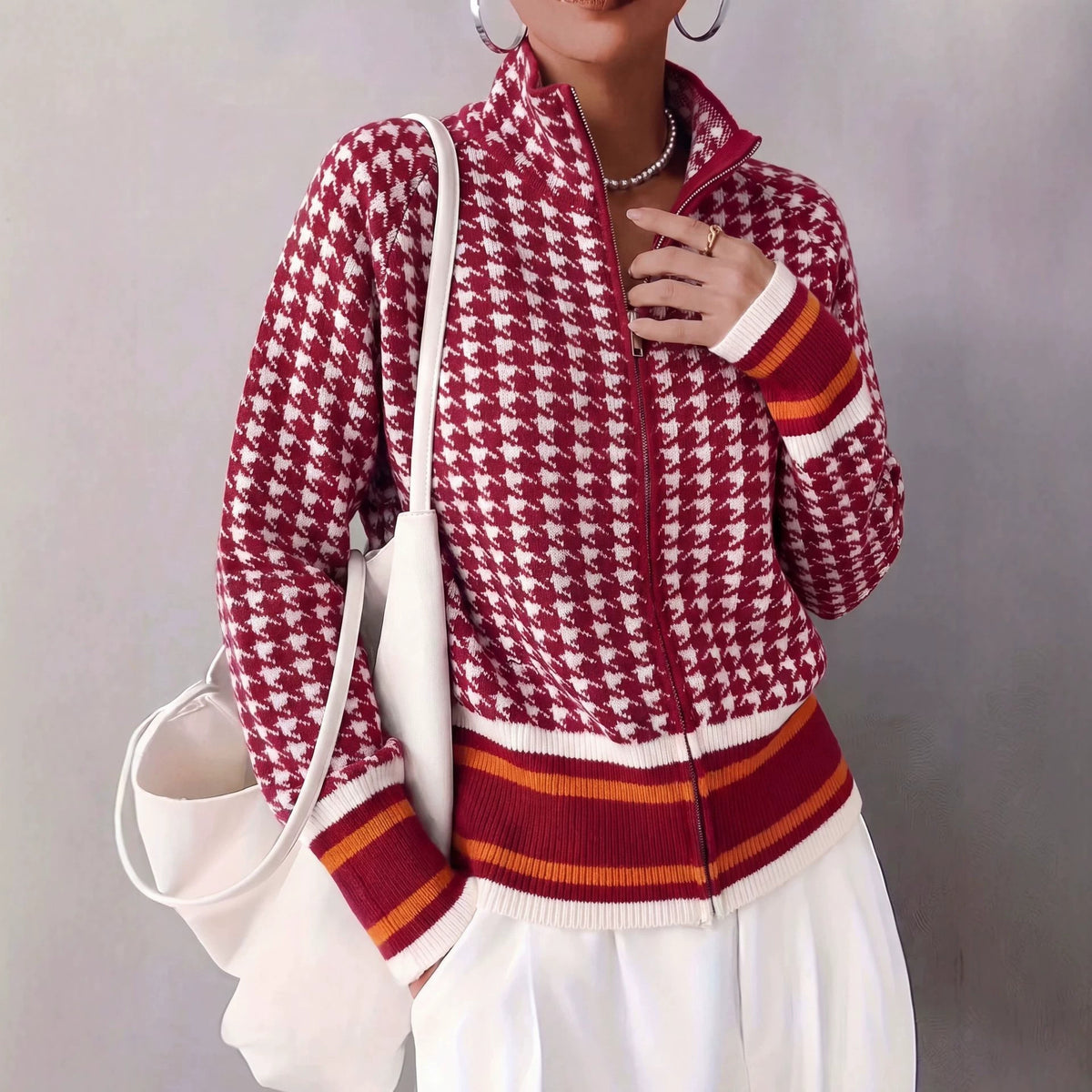 Chic Houndstooth Zip-Up Knit Cardigan for Women, Stand Collar, Color-Blocking, Slim Fit, Autumn/Winter Fashion Sweater Coat