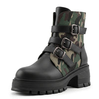 High Heel Thick Sole Belt Buckle Camouflage Low Cut Women's Boots Fashionable Large Made to order, ships in 7 days