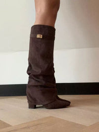 Pointed Toe Straight Tube Pleated Metal Buckle Mid-Calf Boots for Women, Chunky Heel Pipe Boots, Wide Size Available