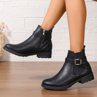 Women's Short Boots Autumn Winter Comfortable Low Heel Buckle Checkered Leather Boots