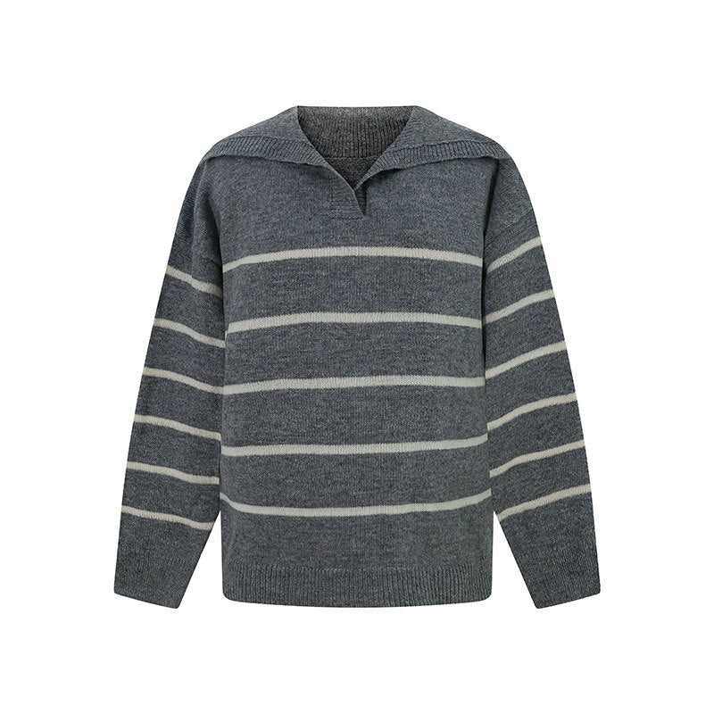 Polo collar striped versatile contrasting simple knit sweater