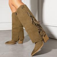 Fall Winter Western Boots for Women, Chunky High Heel, Pointed Toe, Tall Boot with Studs and Fringe Made to order, ships in 7 days