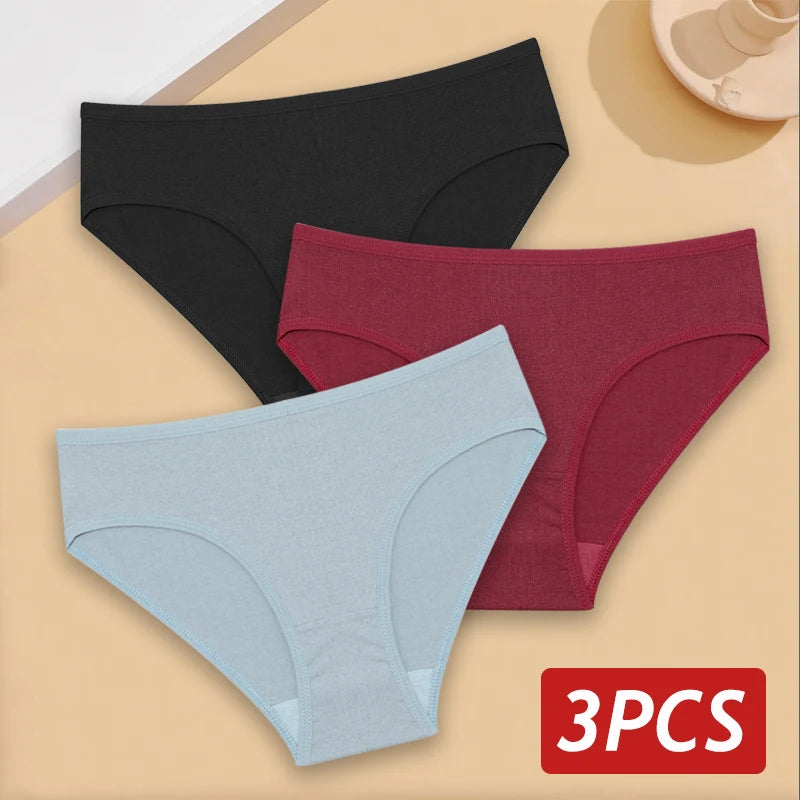 3PCS/Set Cotton Panties Women's Briefs Jacquard Design Solid Color Underpants S-XL