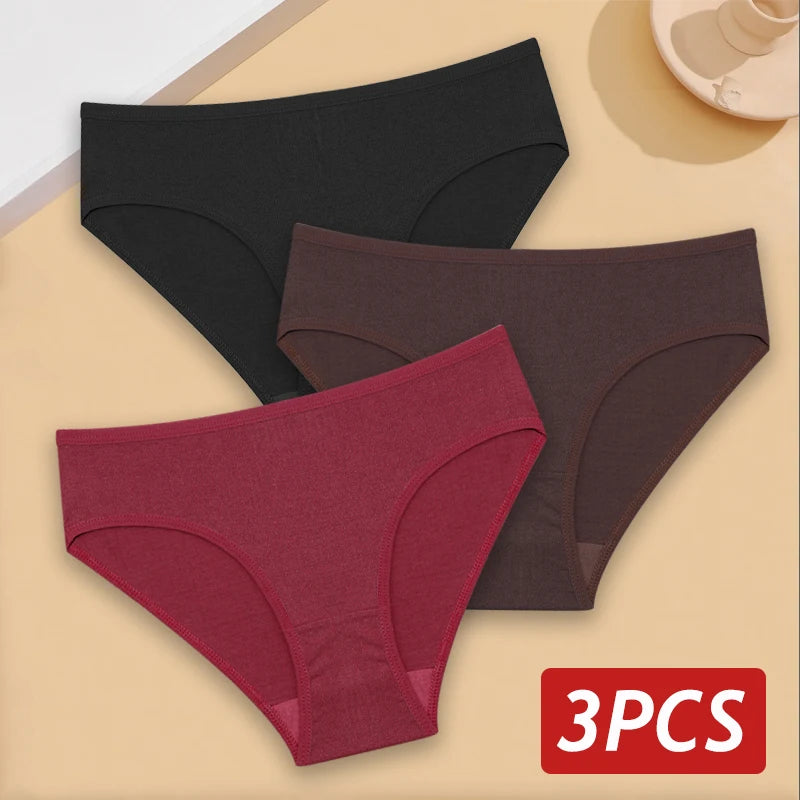 3PCS/Set Cotton Panties Women's Briefs Jacquard Design Solid Color Underpants S-XL