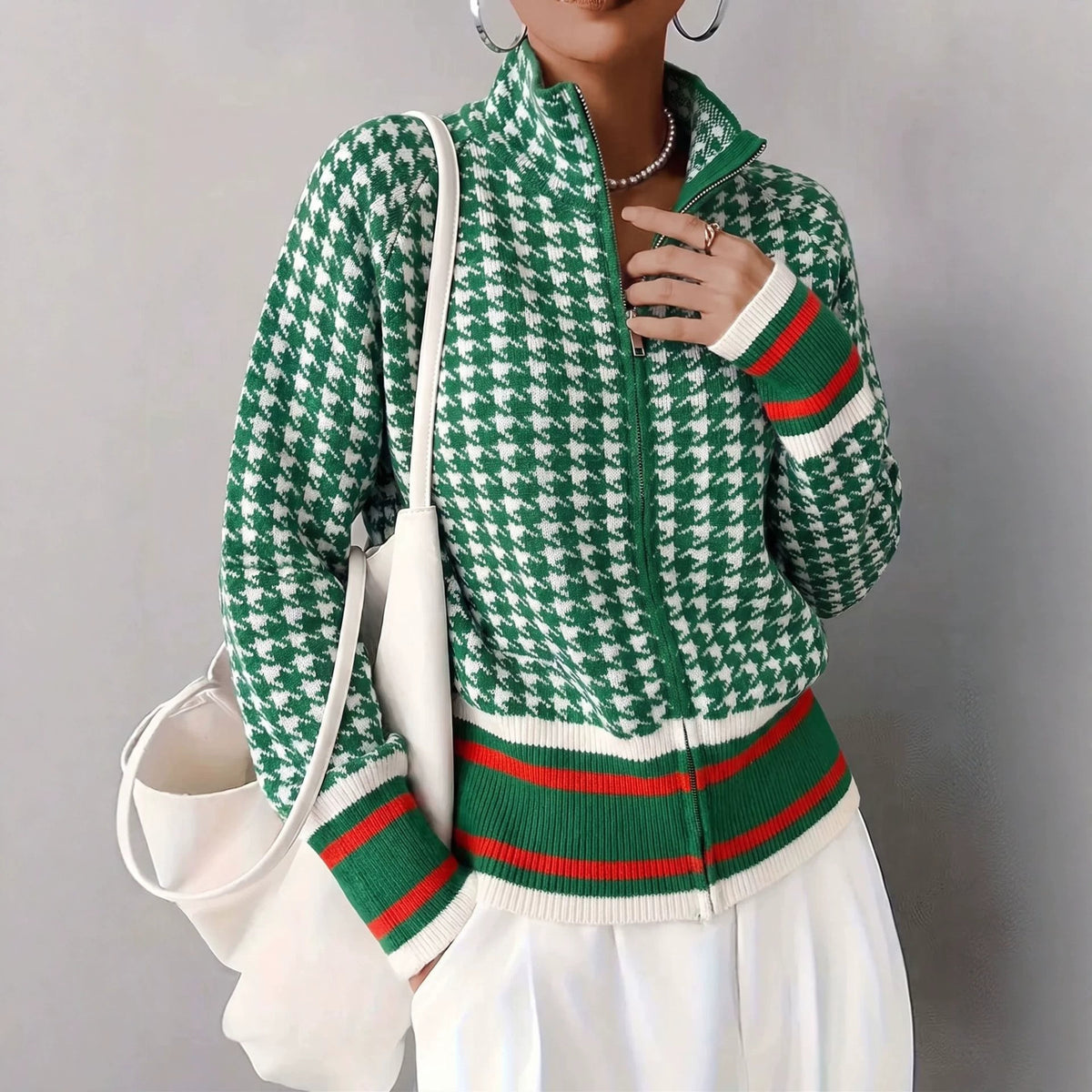 Chic Houndstooth Zip-Up Knit Cardigan for Women, Stand Collar, Color-Blocking, Slim Fit, Autumn/Winter Fashion Sweater Coat