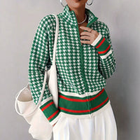 Chic Houndstooth Zip-Up Knit Cardigan for Women, Stand Collar, Color-Blocking, Slim Fit, Autumn/Winter Fashion Sweater Coat