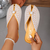 Covered-toe Half Slippers Women Versatile Flat Heel Trendy Pearl Slippers for Outdoor Wear