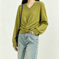 V-neck design versatile solid color simple knit sweater