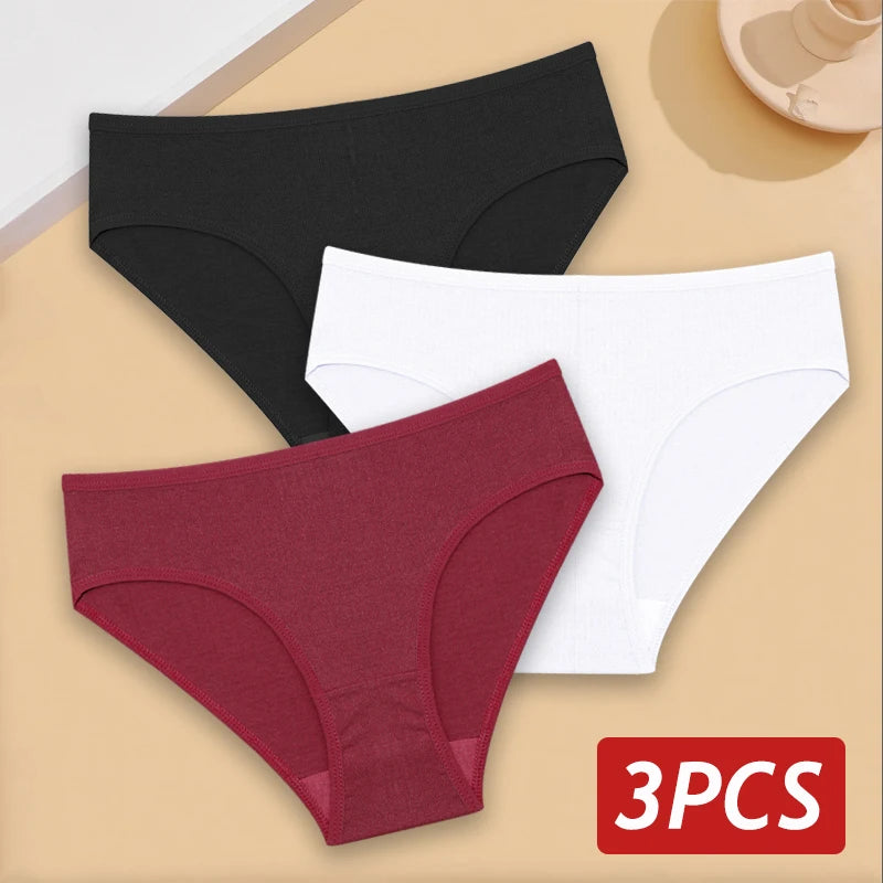 3PCS/Set Cotton Panties Women's Briefs Jacquard Design Solid Color Underpants S-XL