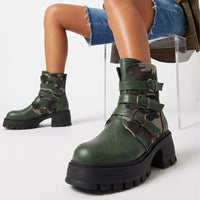 High Heel Thick Sole Belt Buckle Camouflage Low Cut Women's Boots Fashionable Large Made to order, ships in 7 days