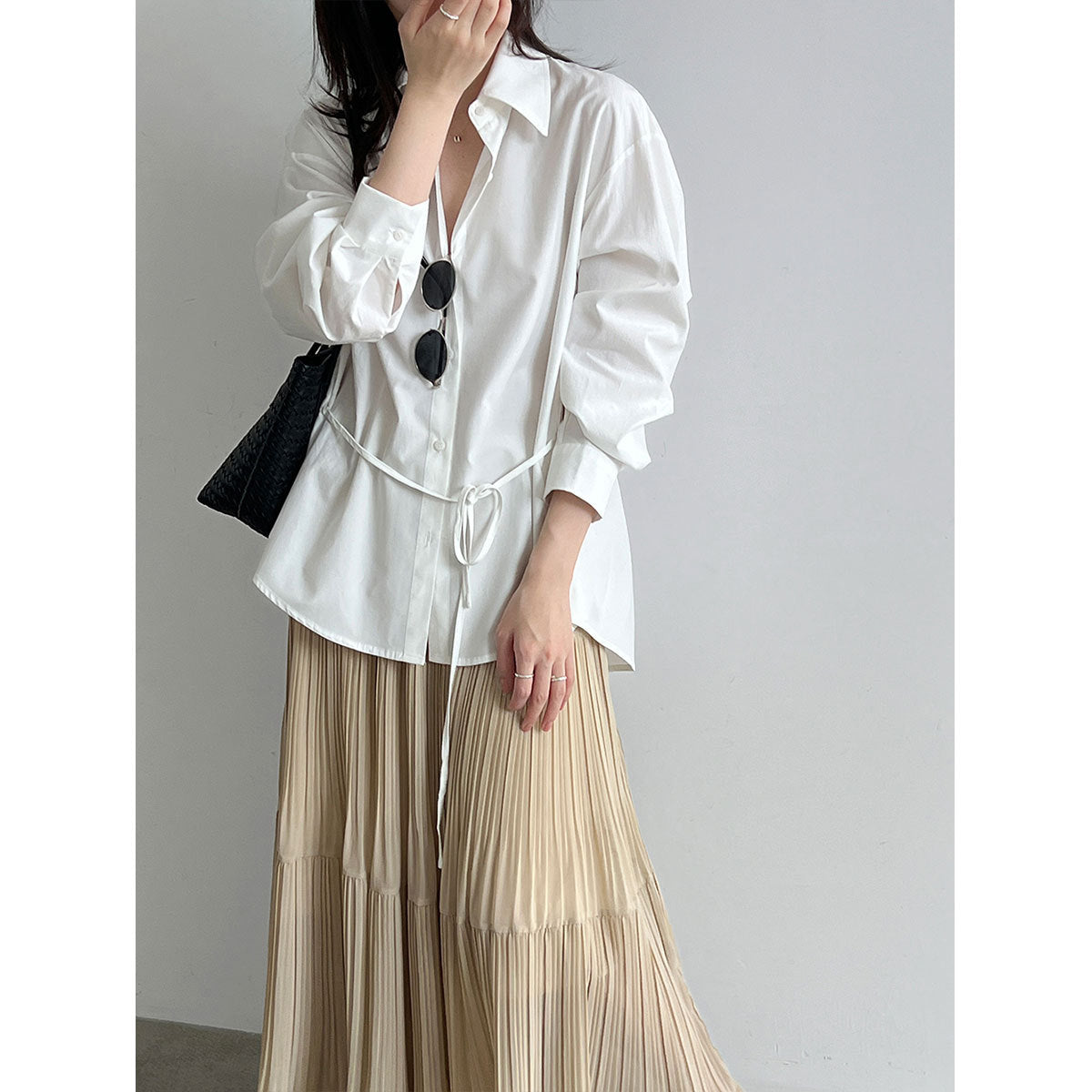 Autumn New Belted Waist Notch Collar Versatile Shirt for Women  Office Casual Simple Top Outerwear