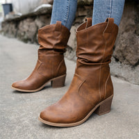 Comfortable Round Toe Stack Boots for Women, Summer Stylish Heeled Western Cowboy Boots