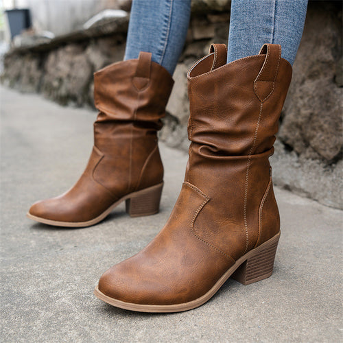 Comfortable Round Toe Stack Boots for Women, Summer Stylish Heeled Western Cowboy Boots