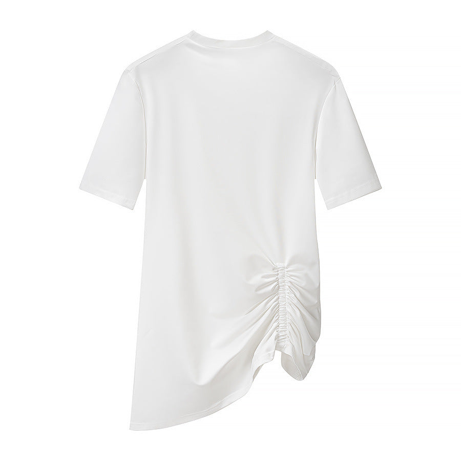 Irregular hem design with side pleats short sleeved T-shirt
