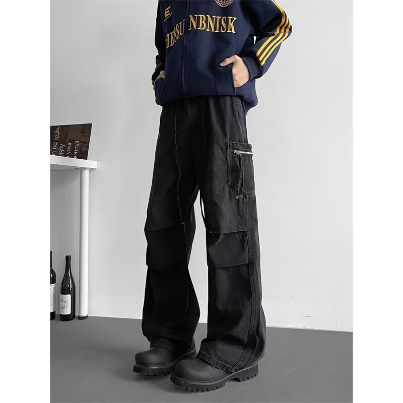 Wide Leg Cargo Denim Pants Men