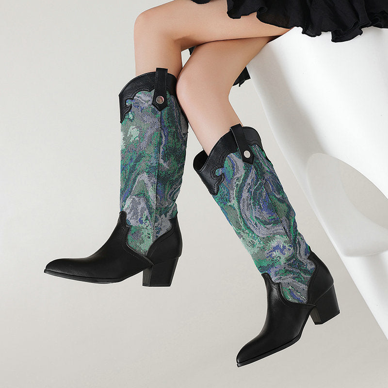 Retro Ethnic Style Patchwork Pointed Toe Western Boots  Chunky Heel High Shaft Western Cowboy Boots Made to order, ships in 7 days