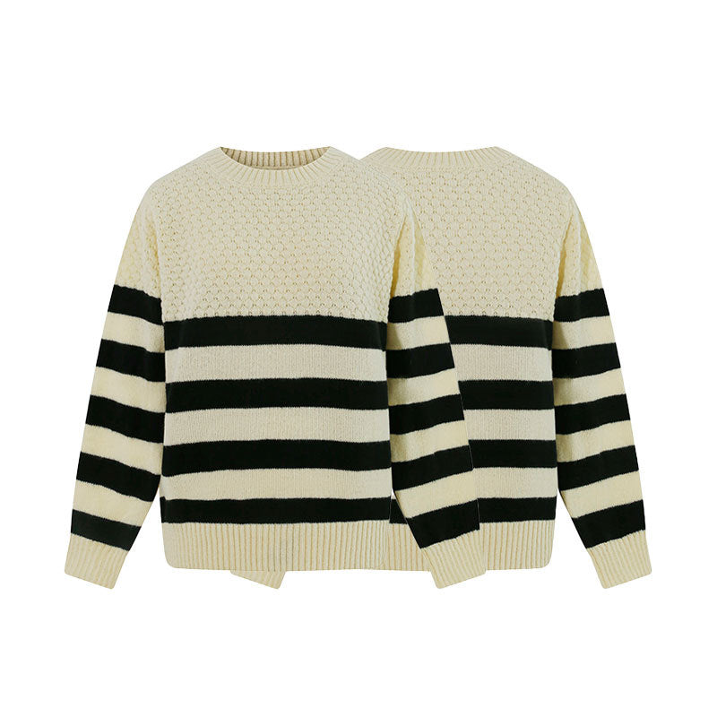 Round neck striped versatile contrasting simple knit sweater