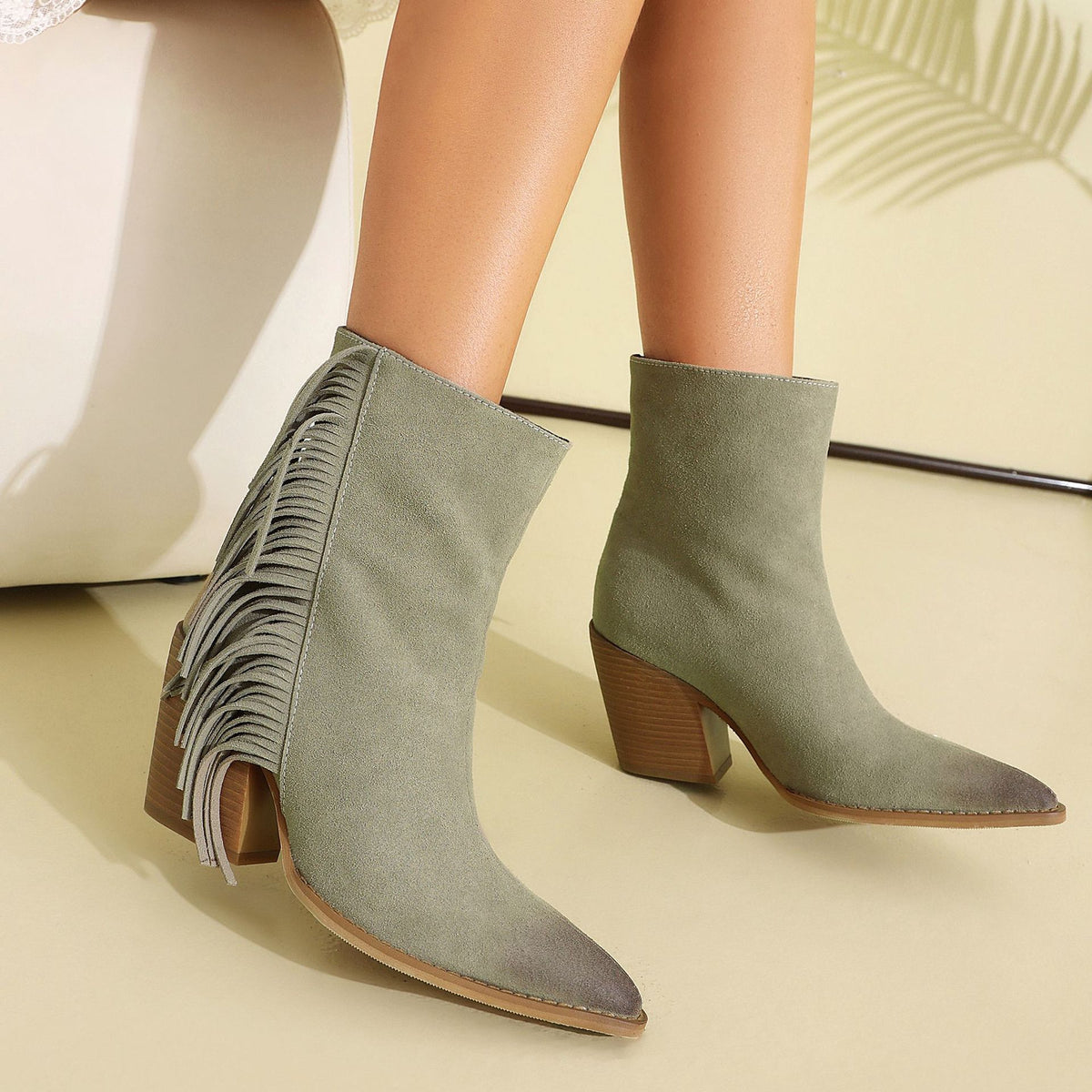 Western Style Ankle Boots for Women, Pointed Toe with Tassel, Chunky High Heel Made to order, ships in 7 days