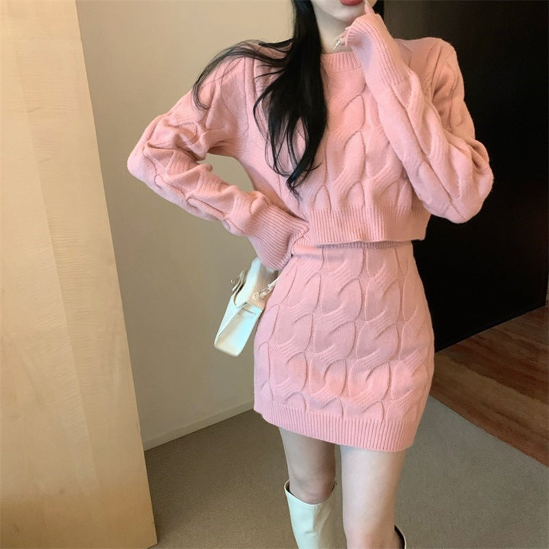 Cable Knit Sweater Set Lazy Style Thickened Dress for Women Fitted Long Sleeve High Waist Bodycon Mini Skirt Two-Piece Set