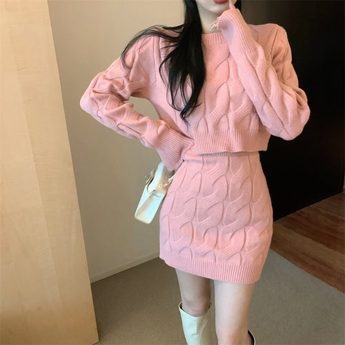 Cable Knit Sweater Set Lazy Style Thickened Dress for Women Fitted Long Sleeve High Waist Bodycon Mini Skirt Two-Piece Set