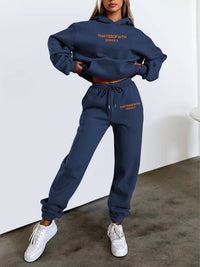 Casual Hooded Sweatshirt with Letter Print, Fleece Lined Long Pants Set for Women