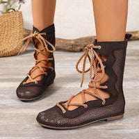 Woven Mesh Elegant Commute Daily Mid-Calf Boots Flat Round Toe Fashion Women's Boots Plus Size Women's Boots Lace-Up Hollow Out