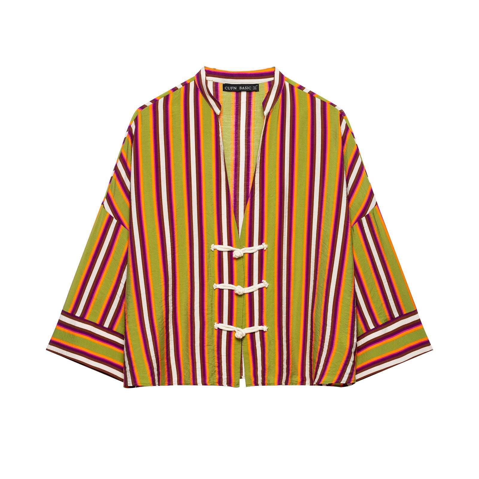 Deep V-wide sleeved striped rope buttoned shirt