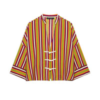 Deep V-wide sleeved striped rope buttoned shirt