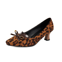 Leopard print square toe high-heeled women's retro shallow bow single shoes Made to order, ships in 7 days
