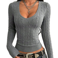 Chic V-Neck Cable Knit Sweater for Women Fitted Short Length, Slimming Long Sleeve Pullover