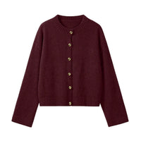 Women's Long Sleeve Knit Cardigan, Round Neck, Gold Button, Solid Color, Loose Fit Sweater Coat