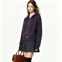 Striped versatile lazy style loose cardigan hooded knit sweater
