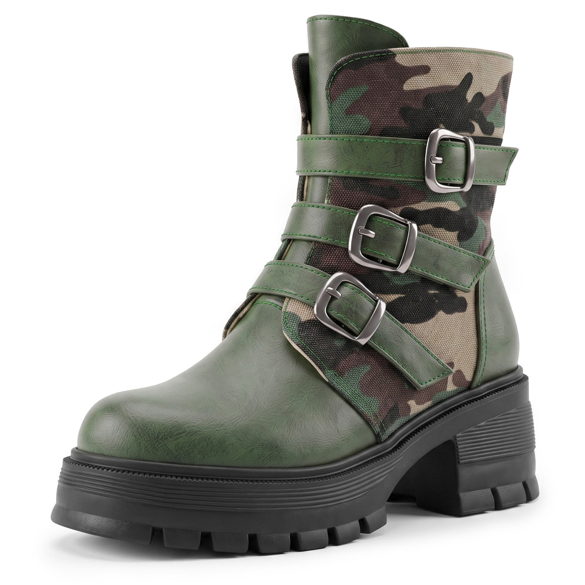 High Heel Thick Sole Belt Buckle Camouflage Low Cut Women's Boots Fashionable Large Made to order, ships in 7 days