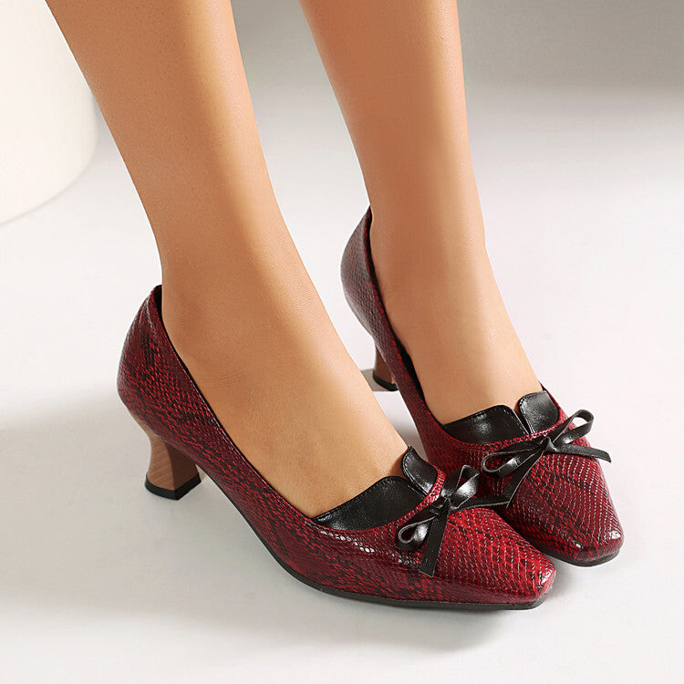 Leopard print square toe high-heeled women's retro shallow bow single shoes Made to order, ships in 7 days