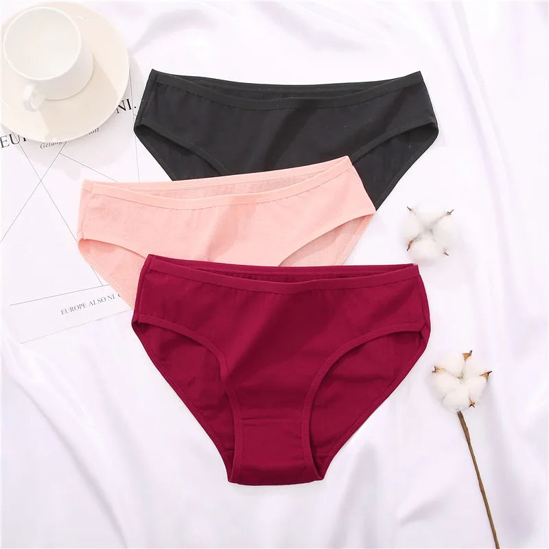 3PCS/Set Cotton Panties Women's Briefs Jacquard Design Solid Color Underpants S-XL