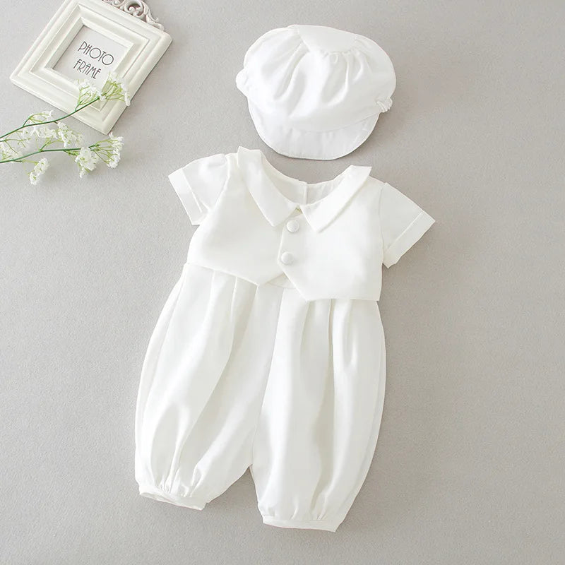 baby boy clothes white baptism baby romper set with hat turndown collar newborn first boy birthday clothing 3-24M