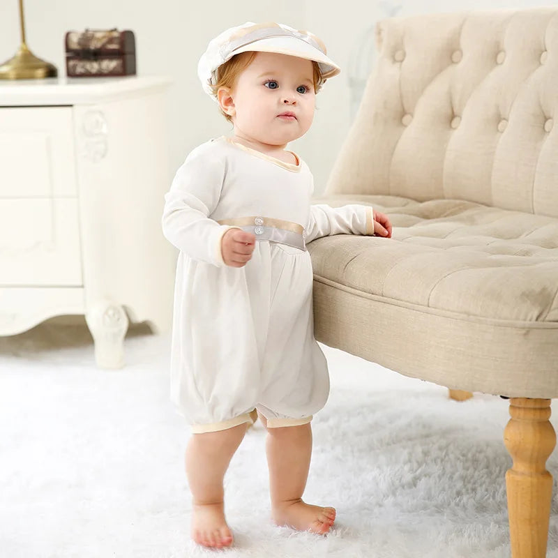 baby boy clothes white baptism baby romper set with hat turndown collar newborn first boy birthday clothing 3-24M