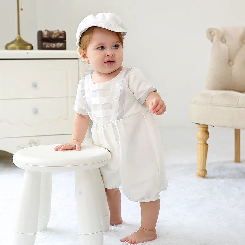 baby boy clothes white baptism baby romper set with hat turndown collar newborn first boy birthday clothing 3-24M