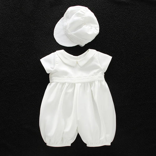 baby boy clothes white baptism baby romper set with hat turndown collar newborn first boy birthday clothing 3-24M