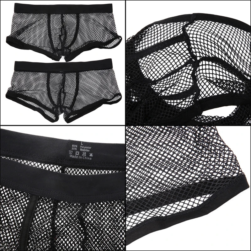 Men's Boxer Shorts Low Rise Mesh Trunk Underwear Black White