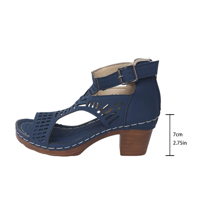 Sandals for Women 2026 New Thick Heeled Sandals Summer Breathable Hollow Out Sandals for Women Retro High Heels Roman Sandalias