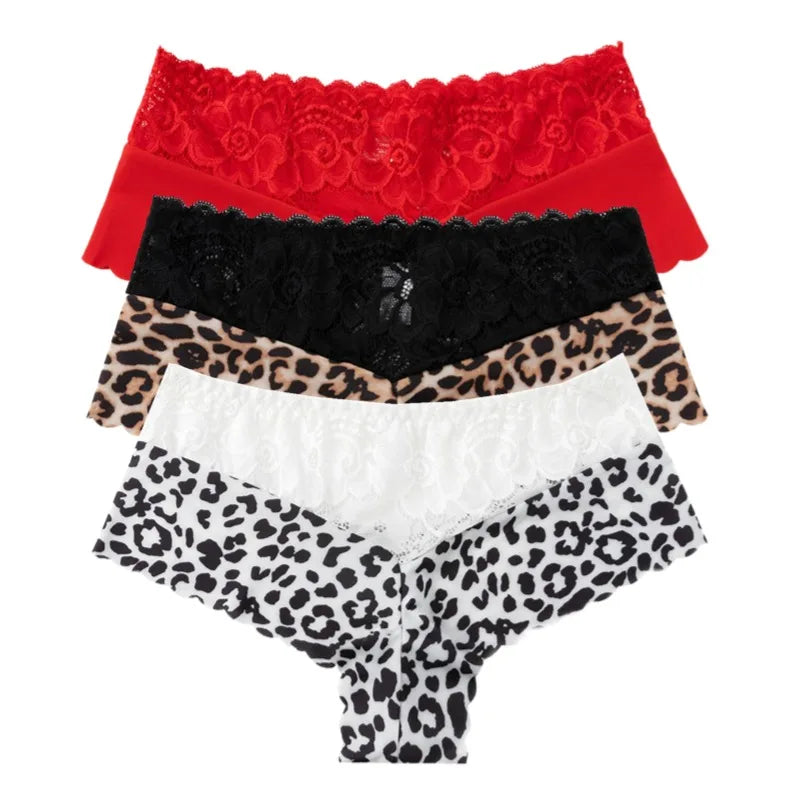 Women's 3-Piece Leopard Lace Panties Underwear Solid Color Knickers Set